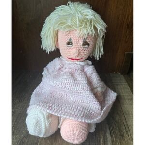 Vintage Handmade Crochet Doll Blonde Hair Pink Dress Amigurumi Soft Toy‎ Plush